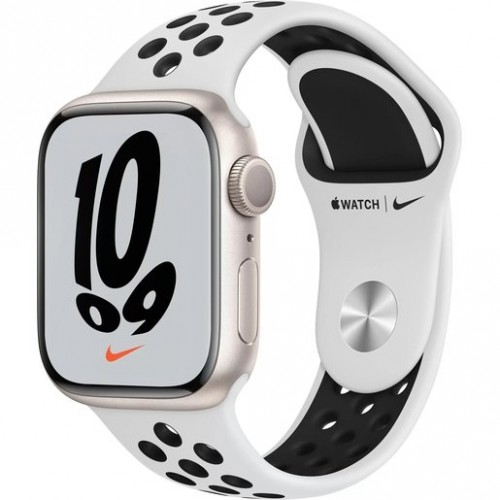 Часы Apple Watch Nike Series 7 GPS, 41mm Starlight Aluminium Case with Pure Platinum/Black Nike Sport Band,Корпус из алюминия цвета «сияющая звезда», спортивный ремешок Nike цвета чистая платина/ черный 41 мм