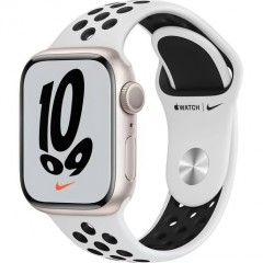 Часы Apple Watch Nike Series 7 GPS, 41mm Starlight Aluminium Case with Pure Platinum/Black Nike Sport Band,Корпус из алюминия цвета «сияющая звезда», спортивный ремешок Nike цвета чистая платина/ черный 41 мм