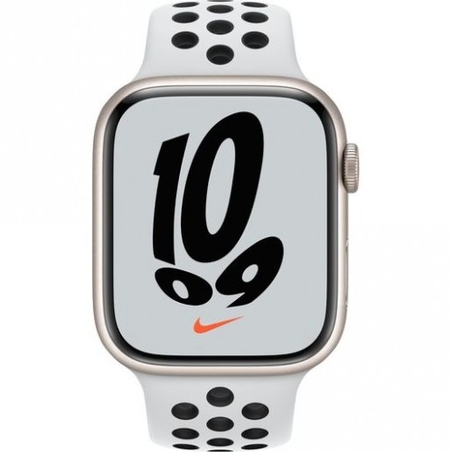 Часы Apple Watch Nike Series 7 GPS, 45mm Starlight Aluminium Case with Pure Platinum/Black Nike Sport Band,Корпус из алюминия цвета «сияющая звезда», спортивный ремешок Nike цвета чистая платина/ черный 45 мм